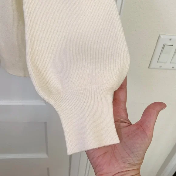 Soft Surroundings Sweater Cream Ribbed Knit Balloon Sleeve Notch Neck / Size S - Picture 6 of 11